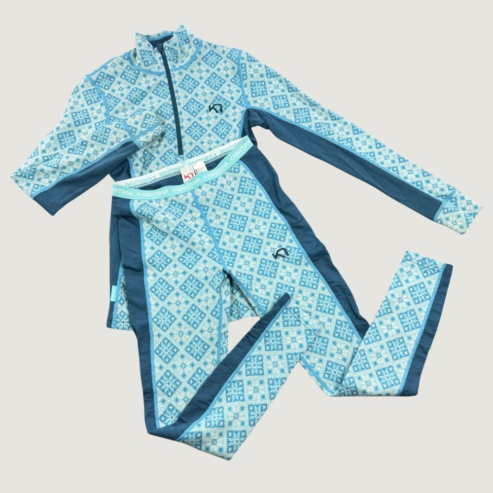 Kari Traa Rose 100% Merino Wool Half Zip Base Layer Set Blue Nordic Womens Small
